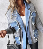 Nukty Raw Hem Cardigan Women Sweaters Patchwork Notched Collar Knitted Denim Jackets Jumpers Pockets Thick Coats Autumn Winter Outwear