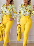 Nukty business casual outfits Elegant Women Printed Two Piece Suit Sets Spring Autumn V Neck Long Sleeve Shirt Top & Long Pants Set With Belt Workwear Outfits