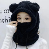 Nukty Cute Winter Earflaps Plush Bear Ears Hats adult Warm Mask for Outdoor Women Bonnet Hood