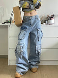 Nukty Autumn Winter New Ladies Cargo Jeans American Street Style Baggy Cargo Pants Women Blue Multi-pocket Wide Leg Jeans for Women