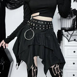 Nukty Steampunk Gothic Punk Women's Asymmetrical High Low Irregular Hem Elastic Waist Zipper Mini Skirt with Concave Waist Chain