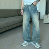Nukty Korean Style Vintage Men's Denim Pants Fashion Washed Distressed Straight Gradient Jeans Summer Loose Slim Wide Leg