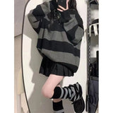 Nukty Women Knitted Sweatshirt Korean Fashion Stripe Female Loose Long Sleeve Sweater Casual Streetwear Jumper Autumn New