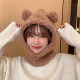 Nukty Cute Bear Ear Hat Scarf Set Kawaii Women Winter Beanies Caps Warm Casual Plush Hat Casual Female Keep Wammer Anime Gift