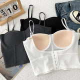 Nukty Strap Sexy Tanks Women Solid Colours Femme Croset Crop Tops Built in Bras Korean Fashion Backless Camisole