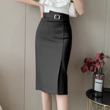 Nukty Spring Summer Buttons Women's Wrap Midi Skirts New High Waist Workwear Front Split Sheath Pencil Skirts Female