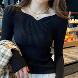 Nukty Autumn Winter Women Long Sleeve Knit Warm Casual Pullovers V-Neck Slim Bottoming Sweater For Women Office Sweater