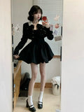 Nukty Winter French Elegant One Piece Dress Women Black Patchwork Vintage Party Mini Dress Female Korean Style Sweet Chic Dress