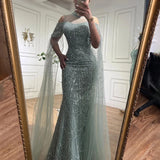 Nukty Mermaid Luxury Arabic Evening Dresses Cape Sleeve Beaded Pearls Sequined Long Formal Wedding Party Prom Gowns Vestido De Gala