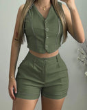 Summer Casual Sexy Elegant Hollow Out Buttoned Vest Top & Shorts Set Womens Two Piece Sets Outfit