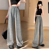 Nukty Party Casual Women's Long Pant Elegant Retro Drawstring Club High Street Diamond Elastic Waist Wide Leg Pants Women's Trousers