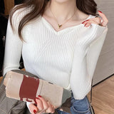 Nukty Autumn Winter Women Long Sleeve Knit Warm Casual Pullovers V-Neck Slim Bottoming Sweater For Women Office Sweater