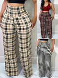 Nukty Women's Plaid Wide Leg Pants High Waist Casual Loose Trousers for Spring Summer