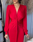 Nukty Women's Red Elegant Lantern Sleeve Party Dress Temperament Commuting Female High Waist Fashion Skinny Evening Dresses