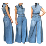 Nukty Jumpsuits Women One Piece Denim Jeans Overalls Sleeveless High Waist Turn Down Collar Wide Leg Long Pants Rompers Summer 2024