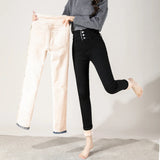 Nukty Winter New Fleece High Waist Jeans for Women Classic Black Stretch Thickened Warm Slim Plush Velvet Pencil Denim Trousers