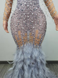 Nukty Sexy Rhinestones Transparent Long Feather Dress Birthday Celebrate Outfit Evening Women Dance Show Costume Dress Liantiyumao