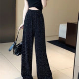 Nukty Party Casual Women's Long Pant Elegant Retro Drawstring Club High Street Diamond Elastic Waist Wide Leg Pants Women's Trousers