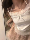 Nukty White Lace Bow Tank Top Female Corset Women Halter Strap Basic Cute Female Sleeveless Mesh Shirt Korean Style Trend 2024 Summer