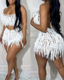 Sexy Womens Two Piece Sets Outfit Spaghetti Strap Crop Crochet Top & Tassel Design Shorts Set New Fashion Summer Casual