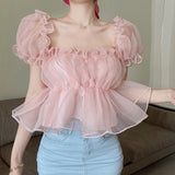 Nukty Short Puff Mesh Sleeves Women's Off shoulder Chiffon Top Lace Sweet Square Neck Sexy Sweet Spring Summer Casual Streetwear