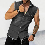 Nukty Lapel Sleeveless Vest Jacket Single-breasted Flap Pockets Tassel Men Summer Solid Color Denim Shirt Streetwear Show  Body Muscle