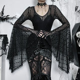 Nukty Lace See Through Mall Gothic Aesthetic Bodysuits Flare Sleeve Grunge Sexy Women Tops Punk Bodycon V-neck Alt Bodysuit