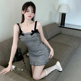 Nukty Party Dress 2024 Summer Sexy Hanging Strap Checkered Short Style Small Sexy Short Style Dress for Women