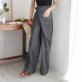 Nukty business casual outfits Women's Striped Cotton Linen Wide-leg Pants Fashion Pockets High-waisted Retro Trousers Casual Streetwear Elegant Office Clothes