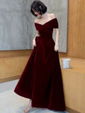 Nukty Spring Long Luxury Elegant Wine Red Soft Velvet Evening Party Wedding Dresses for Women Off Shoulder Maxi Dress