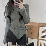 Nukty Vintage Hollow Out Sweaters Women Fashion Irregular Harajuku Streetwear Knit Jumpers Female Thin Loose Lazy Wind Pullovers