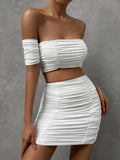 Nukty Women Sexy Off Shoulder Mini Dress Short Sleeve Backless Pleated Party Club Wear Bodycon Ruched Two Piece Set Female Frocks