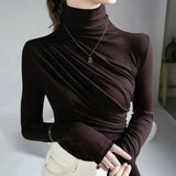 Nukty High Neck Slim Folded T-Shirt & Blouses Trend New Basic Autumn Solid Elegant Office Lady Casual All-Match Long Sleeve Top