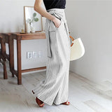 Nukty business casual outfits Women's Striped Cotton Linen Wide-leg Pants Fashion Pockets High-waisted Retro Trousers Casual Streetwear Elegant Office Clothes