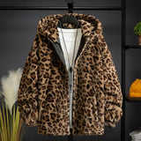 Nukty Faux Fur Coats For Men Leopard Print Long Sleeve Pockets Zipper Men Coat Winter Thickened Double-sided Plush Hooded Outerwear