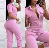 Nukty Women's Casual Short Sleeve Pocket Design Cuffed Cargo Jumpsuit Summer New Female Clothes Fashion Drawstring Jumpsuits