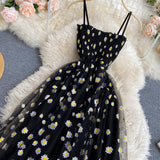 Nukty Black Women Dress Basic Floral Print Spaghetti Strap Long Dress Korean Sundress