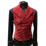 Nukty Vintage Red Suede Suit Vest Men Waistcoat Stand Collar Solid Color Double Breasted Slim-Fit Vest Steampunk Gilet Homme