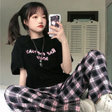 Nukty Black and Pink Plaid Pants Oversize Women Pants High Waist Loose Wide Leg Trousers Ins Retro Teens Straight Trousers Streetwear