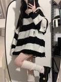 Nukty Y2K Pink Striped Sweaters Women Harajuku Vintage Black Knitted Jumper Grunge Sexy Hole Hollow Out Loose All-match Tops