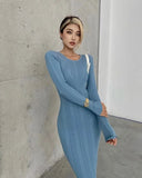 Nukty New Women Long Sleeve O-neck Knitted Dress Stretchable Slim 4 Colors Autumn Winter Round neck geometric knitted long skirt