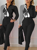 Nukty business casual outfits Elegant Women Printed Two Piece Suit Sets Spring Autumn V Neck Long Sleeve Shirt Top & Long Pants Set With Belt Workwear Outfits