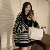 Nukty Autumn Oversized Striped Knitted Sweater Women Vintage Streetwear Loose Long Sleeve Pullover Harajuku Casual O Neck Midi Jumper