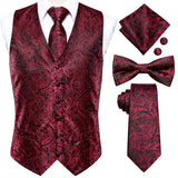 Nukty Hi-Tie Brand Silk Mens Vests Red Blue Green Gold Waistcoat Tie Bowtie Hanky Cufflinks Set Waist Jacket For Men Wedding Office