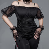 Nukty Plus Size Gothic Skull Mesh Panel Cutout T-shirt Black Round Neck Short Sleeve Blouse Tops For Women Halloween