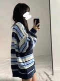 Nukty Contrast Striped Pullover Women's Oversized Chunky Long Sleeve Crew Neck Sweater Knit Jumper Autumn Winter Grunge Fashion