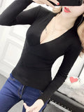 Nukty Sexy Deep V Neck Sweater Women New Womens Clothing Slim Bottoming Large Elastic Knitwear Rib Cotton Long Sleeve Top Jerseys