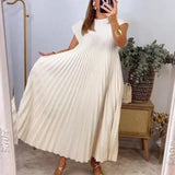 Nukty Solid Color Loose Swing Sleeveless Long Dress Female Round Collar Basic Pleated Dress Spring Summer Casual Wome Beach Boho Robe