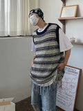 Striped Mesh Vest for Men Vintage Knit Tank Tops Sleeveless Tee Male Casual Summer Beach Japanese Streetwear Hip Hop