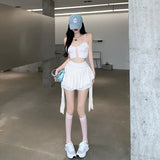 Nukty Ruffle Mini Skirt Women Chiffon Patchwork Ribbon Blue High Waist Fairycore Tulle Skirt Shorts Cute Sexy Skort Summer